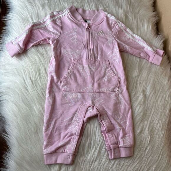 adidas Baby Girl Long Sleeve Zip Front Printed French Terry Coveralls Size 6 Mon - Picture 1 of 7